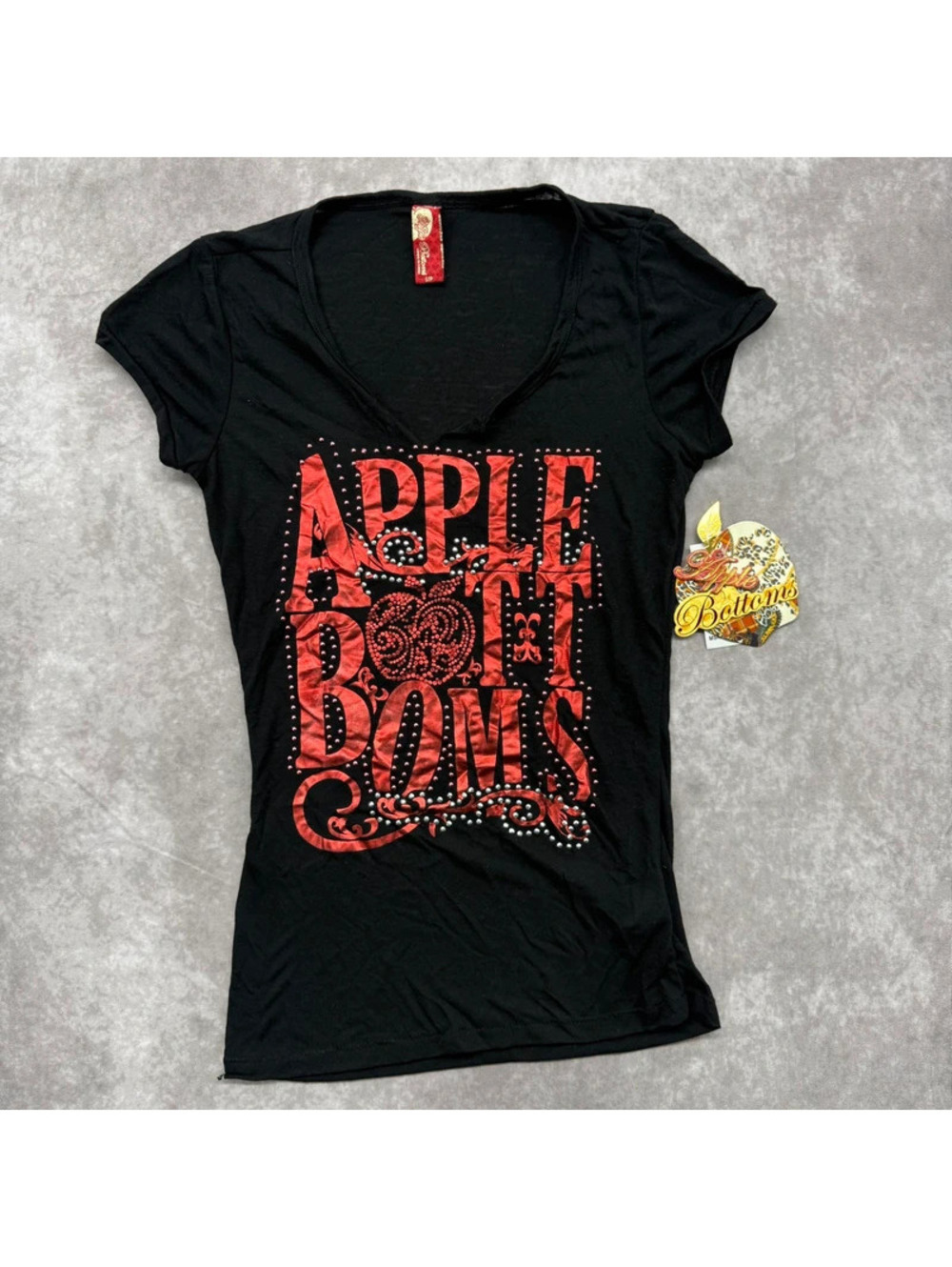 Vintage Y2K Apple Bottoms Black Red Foil Rhinestone V Neck Shirt Small NWT